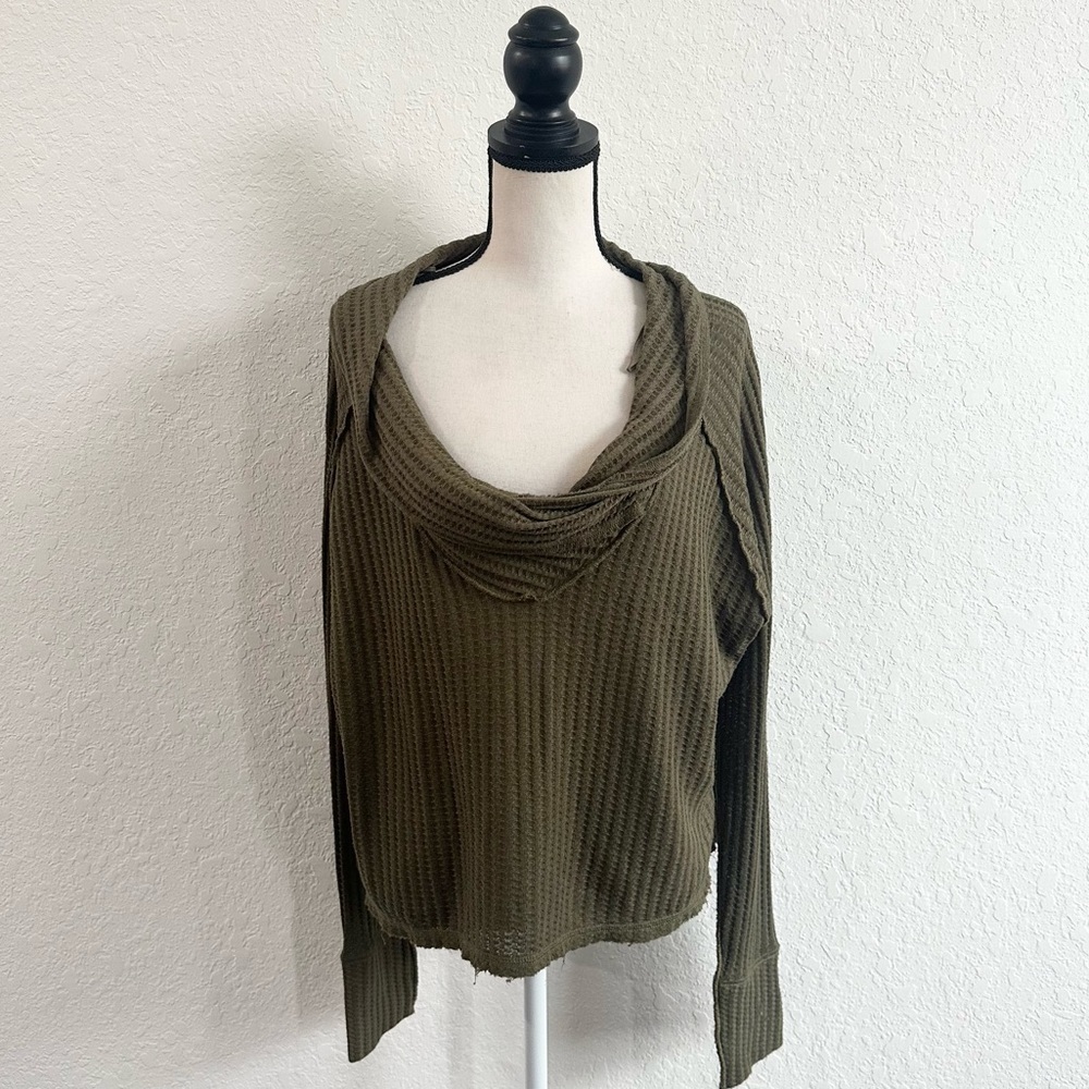 WE THE FREE Olive Green Distressed Cowl Neck Top Long Sleeve Small Oversized